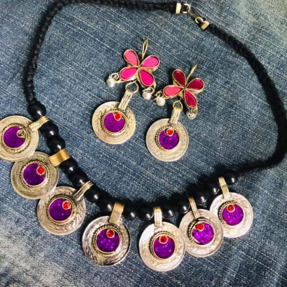 Afghan Tribal Vintage Coins Jewelry Set, Necklace With Earrings, Glass Stones - Picture 2 of 2